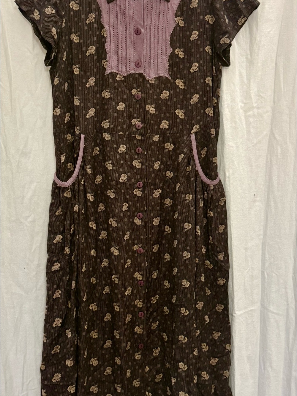 VTG 90s Hopeless Romantic Brown Floral Prairie Midi Dress M Pockets Button Front - Picture 4 of 16